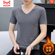 貓人（MiiOW）加絨短袖保暖內(nèi)衣男t恤修身低領(lǐng)打底衫半袖秋衣男士德絨無(wú)痕上衣 503灰色 XL