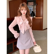 天啟世紀法式千金氣質(zhì)穿搭一整套早秋甜美蝴蝶結粉色襯衫高腰半身裙兩件套 粉色襯衣+紫色半裙 M