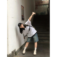 QGF水洗做舊牛仔短褲女夏季新款寬松vibe美式復古休閑高街五分中褲子 復古藍 XL