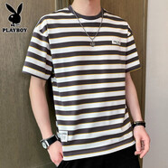 花花公子（PLAYBOY ESTABLISHED 1953）條紋短袖t恤男士2024新款純棉上衣服寬松潮流半袖體恤男T 7832淺咖 7832淺咖 L
