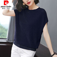 皮爾卡丹（pierre cardin）23年新款2020夏季新款冰絲針織衫寬松蝙蝠衫短袖女裝套頭薄款亮絲 藏青色 2XL