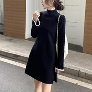 沐霓針織連衣裙女打底秋冬新款內搭法式小黑裙子小個(gè)子毛衣a字毛衣裙 針織連衣裙白袖拼黑 均碼 80-118斤