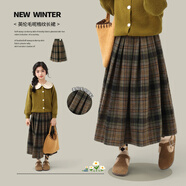 moonkids女童半身裙秋冬裝2025新款洋氣時(shí)髦兒童毛呢裙子長(cháng)裙大童復古冬季 4537森色 120 120cm