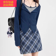 寶格妍學(xué)院英倫風(fēng)格紋短裙春上新女撞色拼接短裙修身a字百搭包臀半身裙 藍色格短裙 M【建議90-100斤】