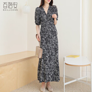 百洛安碎花連衣裙女夏季氣質優(yōu)雅泡泡袖V領過膝長裙系帶顯瘦a字裙 黑色 S