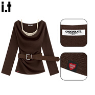 :CHOCOOLATE  it女裝潮牌秋冬連衣裙蕩領(lǐng)假兩件針織衫麂皮絨百褶半身裙套裝女 咖色上衣 【均碼】 L