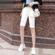 UKMR破洞五分褲女直筒港味牛仔褲短褲潮流百搭夏季薄新款騎行緊身中褲 白色-五分破洞【高品質(zhì)】 26 碼【84-92斤】