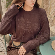 粉紅大布娃娃毛衣女2025秋冬新款復古刺繡流蘇釘珠圓領(lǐng)針織衫上衣 淺咖色 M