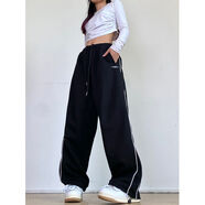 俞兆林美式復古條紋直筒褲男女春秋季百搭街舞運動(dòng)褲垂感闊腿休閑褲 黑色 S