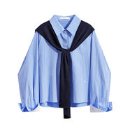那些事衣櫥早春季韓版chic長(zhǎng)袖條紋襯衫針織披肩時(shí)尚百搭兩件套女 海軍藍(lán)襯衫 均碼