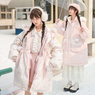 森女部落原創(chuàng  )甜美少女風(fēng)雙面穿厚外套白鴨絨面包羽絨服收腰中長(cháng)款 粉色/白色羽絨服（雙面穿） S