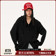 Mmlg【明星同款】開(kāi)衫衛(wèi)衣女男秋新款寬松百搭雙拉鏈上衣情侶連帽外套 黑色 M