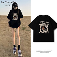 La Chapelle Sport拉夏貝爾黑色純棉短袖t恤女2025新款夏季潮流時(shí)尚顯瘦正肩上衣女 黑色(嘻哈男孩) L /165(推薦115-130斤)