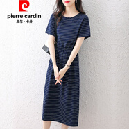 皮爾卡丹（pierre cardin）官方高端伊詩(shī)三彩橫條紋長(cháng)款恤裙子女夏新款純棉寬松顯瘦收腰休閑 品牌旗艦藏青條紋 S