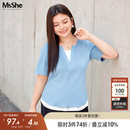 MsShe【長(cháng)袖假兩件針織衫】大碼女裝2025秋裝胖mmT恤遮肚巨顯瘦毛衣 短袖【V領(lǐng)】冰河藍色現貨 3XL