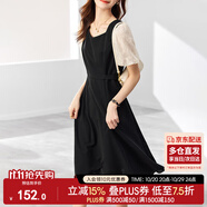 尚都比拉法式連衣裙夏季中長款a字裙泡泡袖系帶收腰顯瘦裙子 黑色 M 