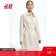H&M女裝連衣裙25秋新款時(shí)尚透氣亞麻混紡及膝襯衫式連衣裙1275768 淺米色/條紋 M 165/96