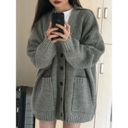 矜持范新款2025慵懶風(fēng)V領(lǐng)單排扣毛衣女開衫外套春秋款韓版寬松針織上衣 深灰 M 95110斤