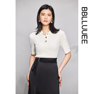 粉藍衣櫥無(wú)縫針織短袖T恤衫女夏新款名媛風(fēng)修身上衣532M731 月牙白 S