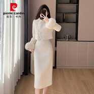 皮爾卡丹內(nèi)膽加厚圣誕紅小香風(fēng)毛呢套裝裙女深冬裝氣質(zhì)加厚兩件套 白色 套裝 M