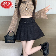 浪莎（LangSha）小香風(fēng)黑色半身裙女秋冬季2024新款加厚高腰百褶裙小個(gè)子a字短裙 黑色 XL
