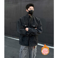 NYING霧面pu皮衣外套男25春秋季新款美式潮牌潮牌復古寬松立領(lǐng)工裝夾克 JK306黑色加棉 XL (130-150斤)