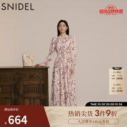 SNIDEL秋冬甜美碎花系帶收腰百褶雪紡連衣裙SWFO245033 粉米色 L （2）