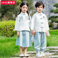 奧蒙威兒童漢服套裝古裝中國風(fēng)男女童新中式學(xué)生夏裝班服古代表演服8228 男童套裝 140