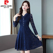 皮爾卡丹（pierre cardin）蕾絲連衣裙女秋冬2025春秋裙新款長(zhǎng)袖修身加厚打底早秋氣質(zhì)裙子 藏青色(常規(guī)款) 3XL