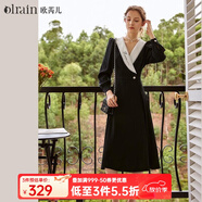 Olrain歐芮兒赫本風(fēng)連衣裙女秋冬收腰顯瘦法式復古拼色翻領(lǐng)長(cháng)裙 黑色 XL 170/92A