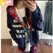 ZULY阿寧專屬ame.r國潮美式街頭假兩件拼接格子連帽衛(wèi)衣外套 藏青色 M