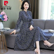 皮爾卡丹碎花雪紡連衣裙女春秋長(zhǎng)袖2025新款修身顯瘦氣質(zhì)大d碼長(zhǎng)款印花裙 藏青色 4XL (150-165斤)
