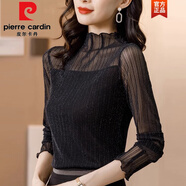 皮爾卡丹（pierre cardin）大版女裝半高領(lǐng)蕾絲打底衫女內(nèi)搭黑色網(wǎng)紗長(zhǎng)袖t恤小衫上衣胖m春秋 黑色 XL 【120-140斤】