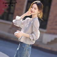 法貝莎品牌條紋雪紡長(cháng)袖襯衫女秋季2025年新款圓領(lǐng)蕾絲拼接薄款小衫上衣 米色 L