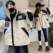 貝孩趣童裝女童外套春秋冬兒童洋氣三合一沖鋒衣夾克春秋大童男孩上衣 加棉外套米色+內(nèi)膽 160 碼(建議身高145-155厘米)