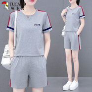啄木鳥灰色短袖短褲套裝女夏季2025新款寬松洋氣夏天好棉跑步運動兩件套 灰色 XL (110-125斤)