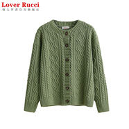 LOVER RUCCI100%純棉開衫外套女針織衫寬松百搭秋冬加厚粗針麻花女士打底毛衣 淺墨綠色 S 【80-105斤】