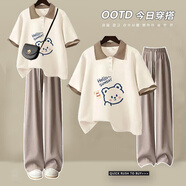嘉綢青少女生中大童女孩衣服12到15歲夏天夏季套裝青少年初中生女裝涼 杏色T恤+卡其色庫 150 【建議70-85斤
