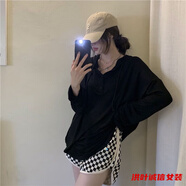 事思新款連帽長(zhǎng)袖T恤純欲風(fēng)上衣潮顯瘦寬松胖mm大碼薄款衣女外穿 黑色(莫代爾面料)-遮肚子大碼女裝 M 建議100斤內(nèi)-遮肚子大碼女裝