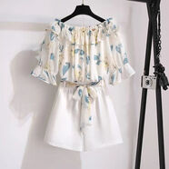 梵闋大碼女裝胖mm夏季新款時(shí)尚洋氣雪紡衫上衣短褲兩件套遮肉減齡套裝 上衣+白褲（套裝） 3XL -建議160-180斤