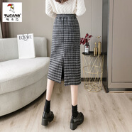 啄木鳥毛呢千鳥格子半身裙女2025秋冬加絨加厚過膝中長款直筒開叉包臀裙 黑色 加絨加厚 M 96~108斤