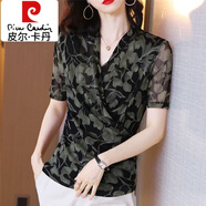 皮爾卡丹（pierre cardin）薄款雪紡衫女夏短袖體恤2025年夏季新款網(wǎng)紗蕾絲遮肚子碎花上衣女 綠花(短.袖) 2XL 建議116-125斤