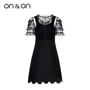 ON&ON/安乃安連衣裙2025春季新款韓版蕾絲鉤花V領(lǐng)氣質(zhì)網(wǎng)紗防曬小黑裙女 黑色 L
