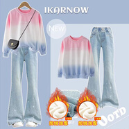 艾卡諾 I.KARNOW女童套裝秋季兒童2025新款秋裝時(shí)髦洋氣衛衣女孩中大童喇叭牛仔褲 13131藍色+4891粉藍【加絨款】 150 （卡碼拍大）