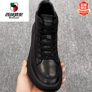 西域駱駝8139頭層牛皮休閑板鞋新款高幫男士黑色鞋透氣韓版圓頭休閑男皮鞋 黑色單鞋 44