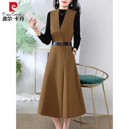 皮爾卡丹（pierre cardin）背帶馬甲連衣裙針織衫兩件裝2024春秋新款高級感氣質(zhì)修身套裝裙子 駝色(背心裙) M(建議90-105斤)