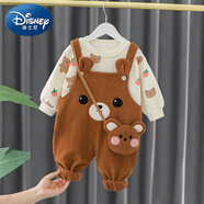 迪士尼（Disney）女童秋冬裝洋氣嬰幼兒衣服秋季小孩可愛(ài)女寶寶加絨衛衣分體套裝潮 深棕色 SMJ小熊包背帶褲套裝 加 73 碼建議身高60-65厘米
