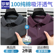 羅蒙（ROMON）t恤男夏季純棉短袖商務(wù)翻領(lǐng)POLO衫純色休閑百搭新款半袖體恤 深灰色+葡萄紫 XL
