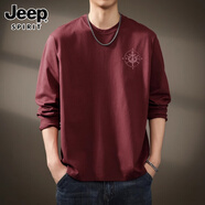 JEEP SPIRIT吉普高級感復古酒紅色長(cháng)袖T恤男寬松重磅秋季大碼休閑上衣打底衫 酒紅 XL 適合150-170斤