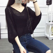 Lauaird大碼寬松鏤空針織衫純色罩衫夏季新款薄套頭蝙蝠衫女空調衫網(wǎng)衫潮 黑色 M80斤95斤穿